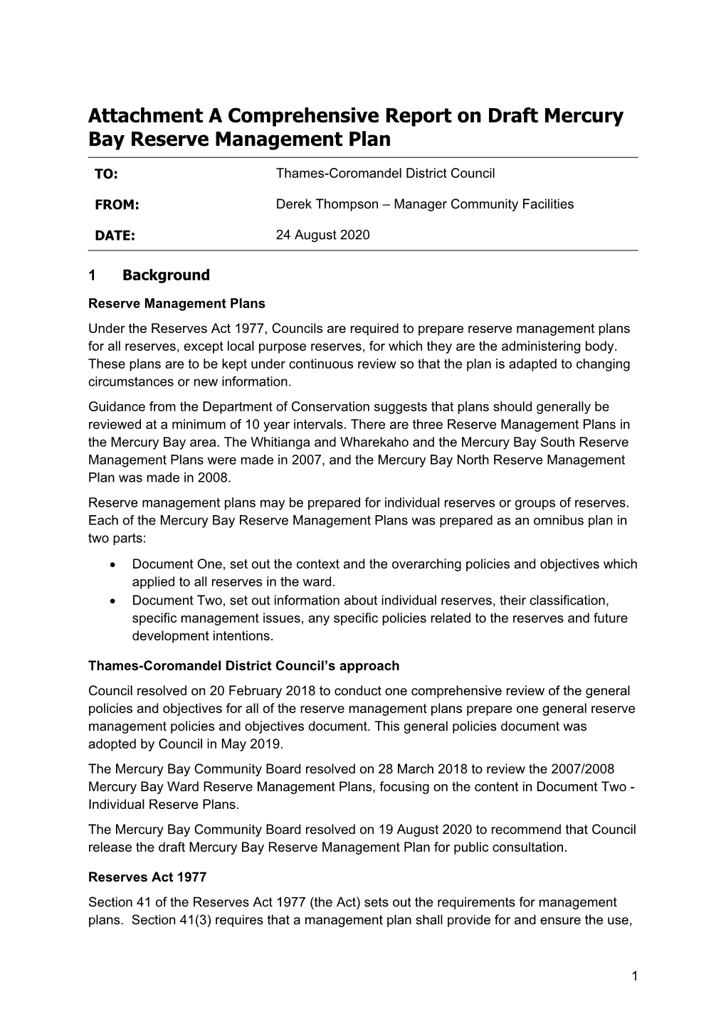 Attachment a Comprehensive Report on Draft Mercury Bay Reserve Management Plan