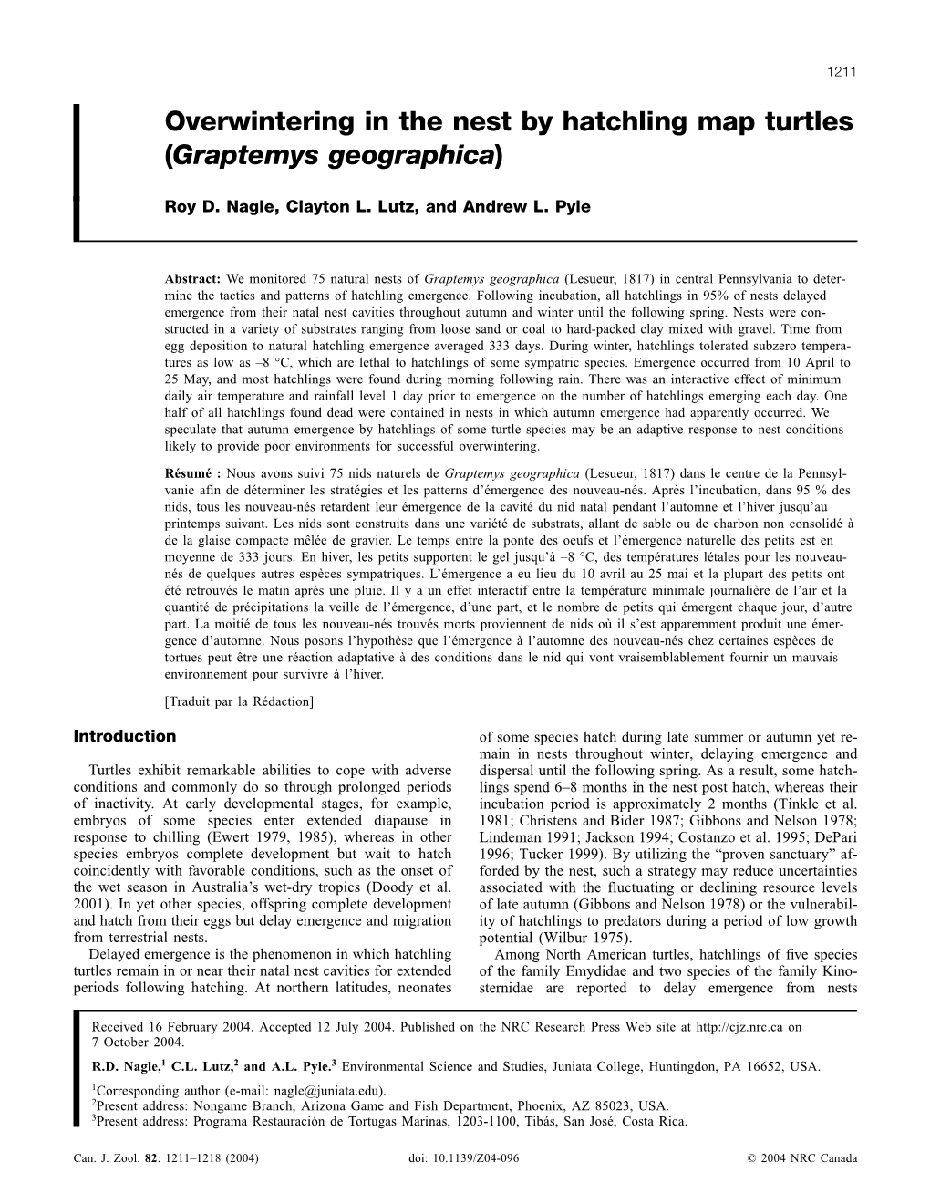 Overwintering in the Nest by Hatchling Map Turtles (Graptemys Geographica)