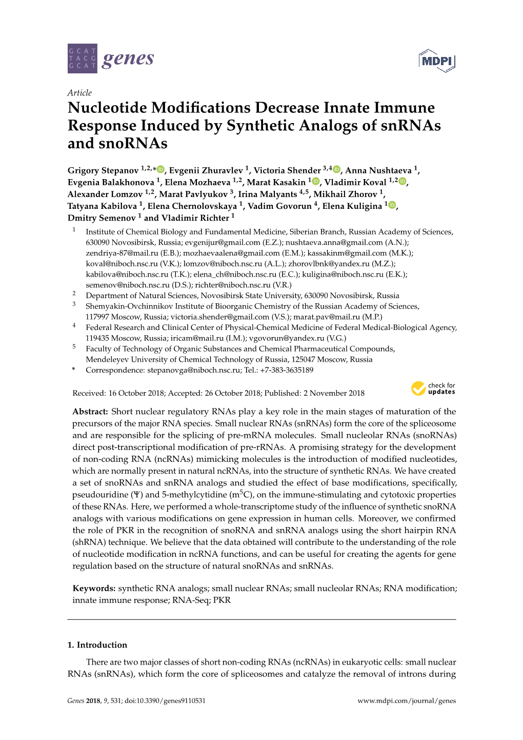 Nucleotide Modifications Decrease Innate Immune Response Induced