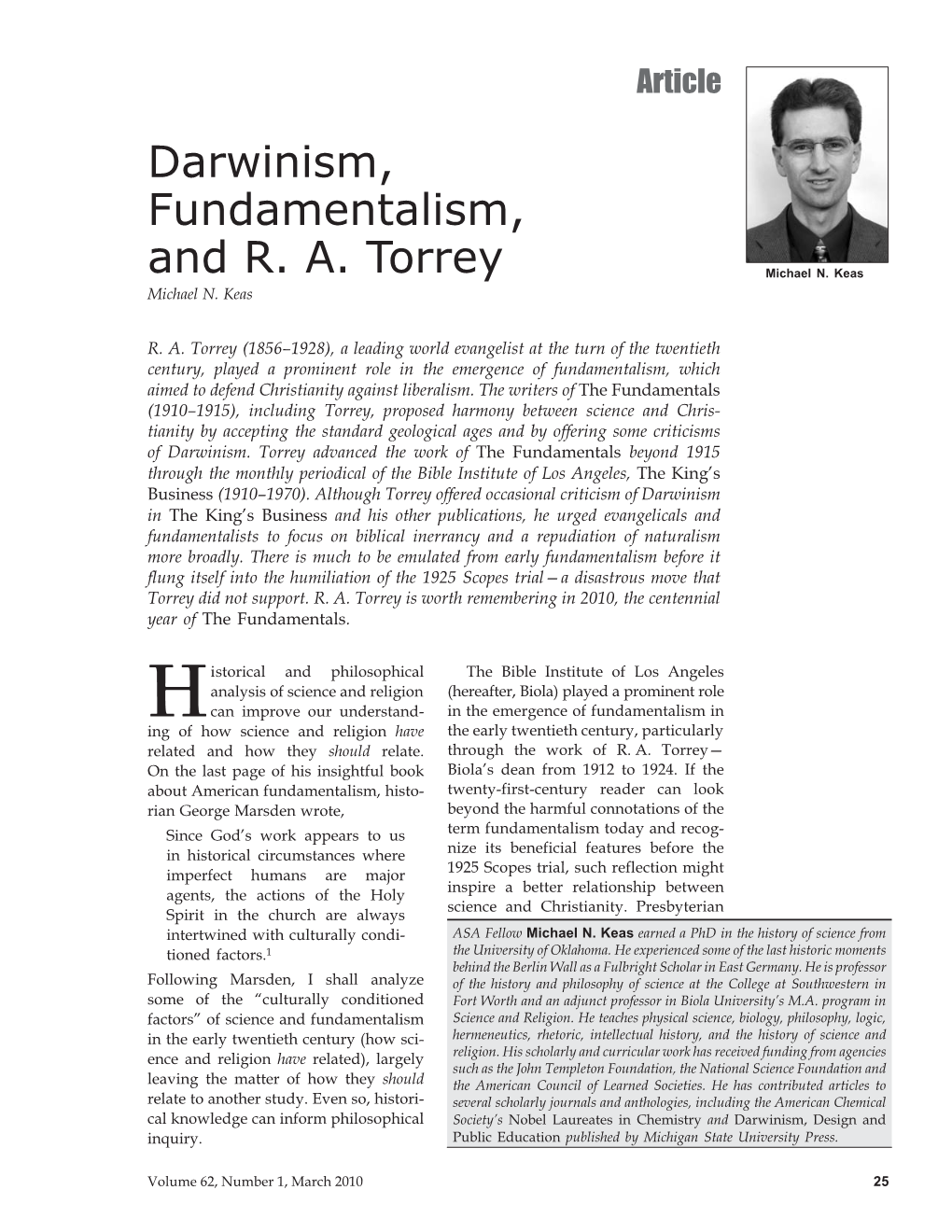 Darwinism, Fundamentalism, and R. A. Torrey Michael N