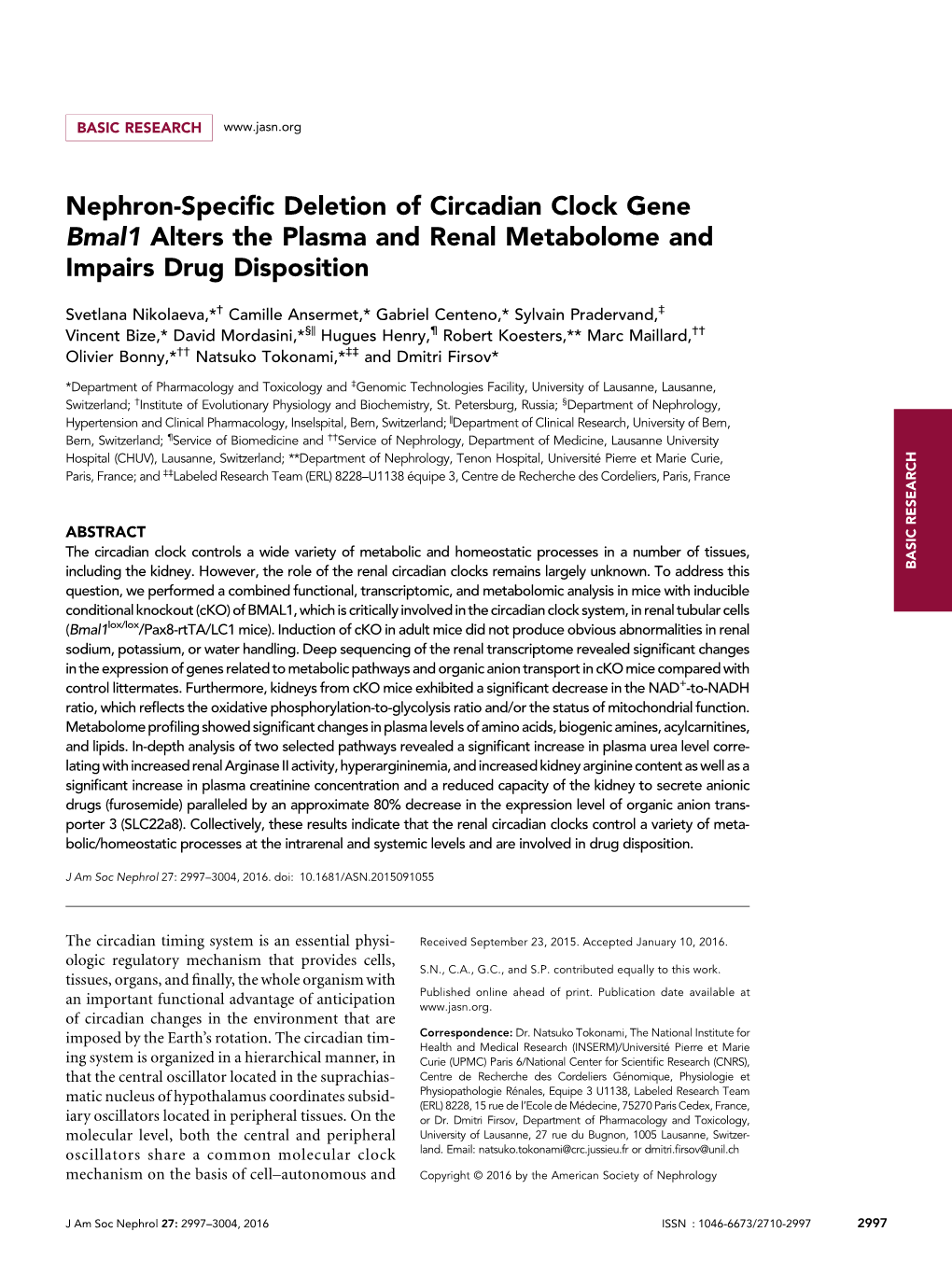 Nephron-Specific Deletion of Circadian Clock Gene Bmal1 Alters