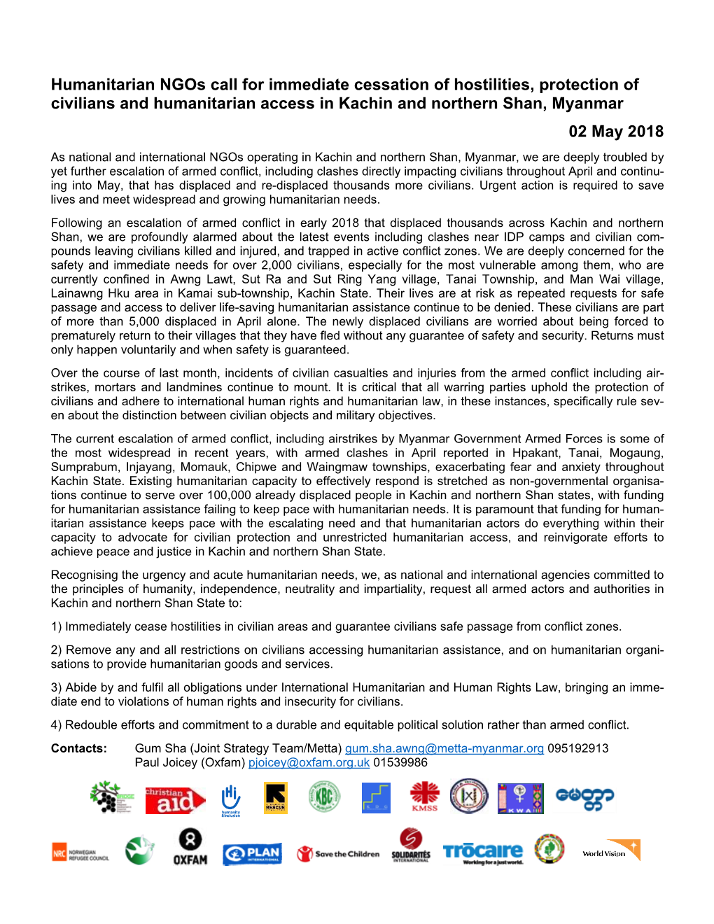 Humanitarian Ngos Call for Immediate Cessation of Hostilities
