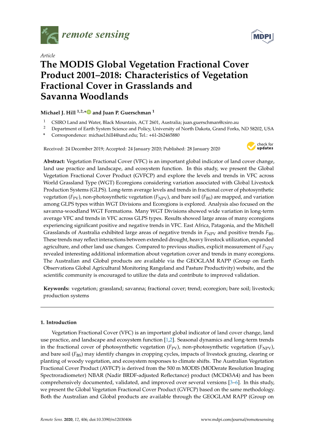 The MODIS Global Vegetation Fractional Cover Product 2001–2018: Characteristics of Vegetation Fractional Cover in Grasslands and Savanna Woodlands