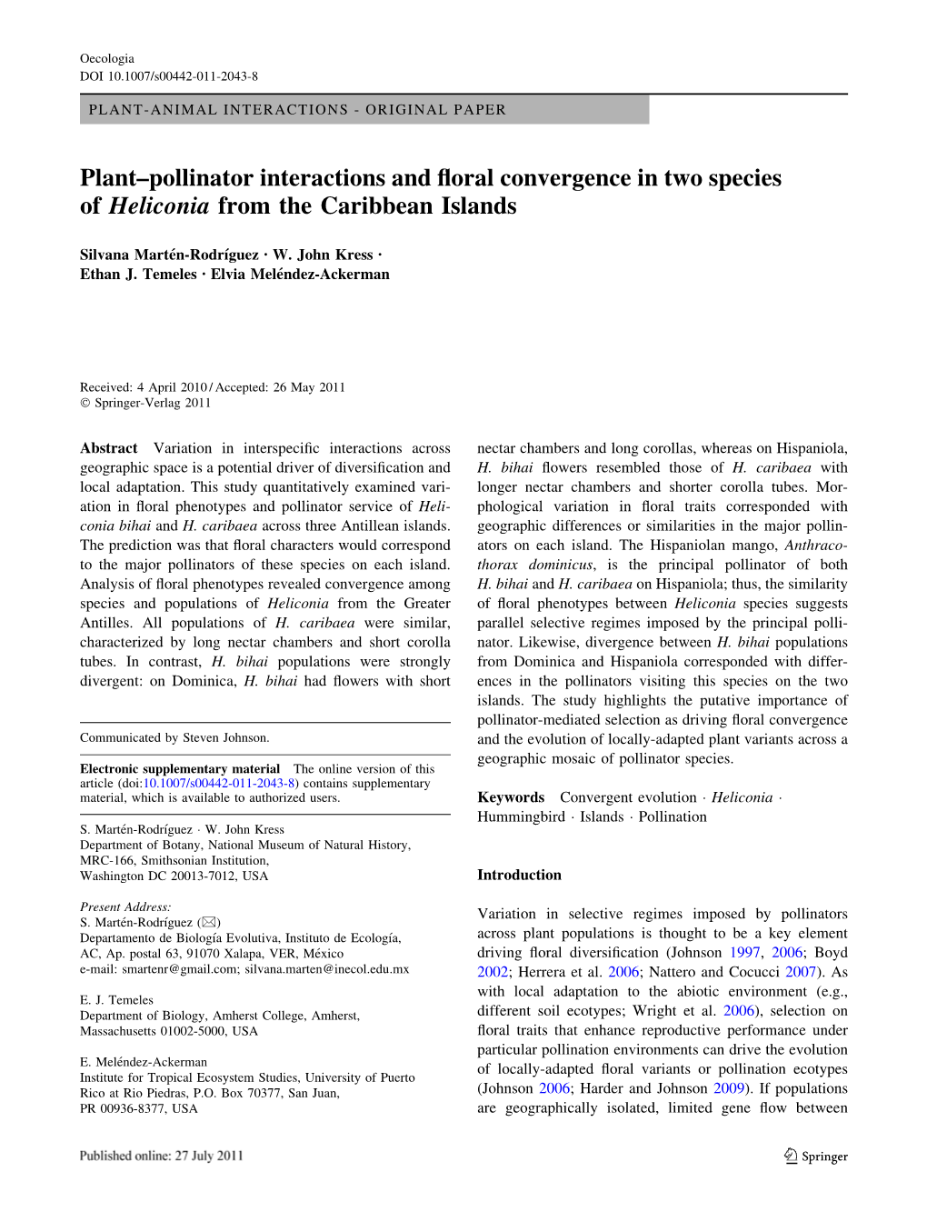 Plant–Pollinator Interactions and Floral Convergence in Two Species Of