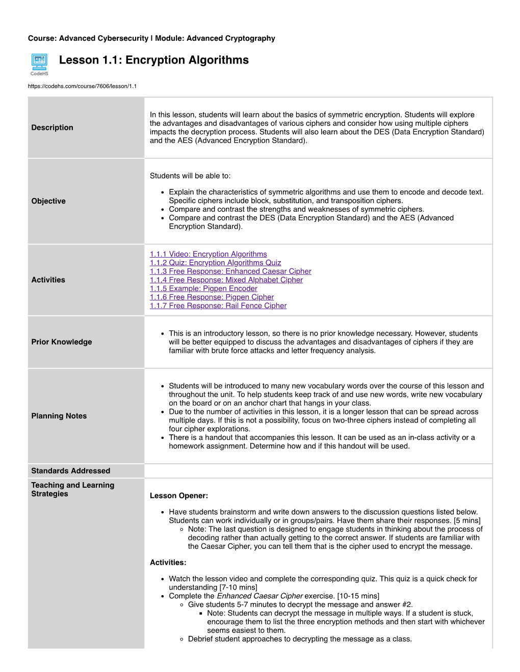 Lesson Plan: 1.1 Encryption Algorithms