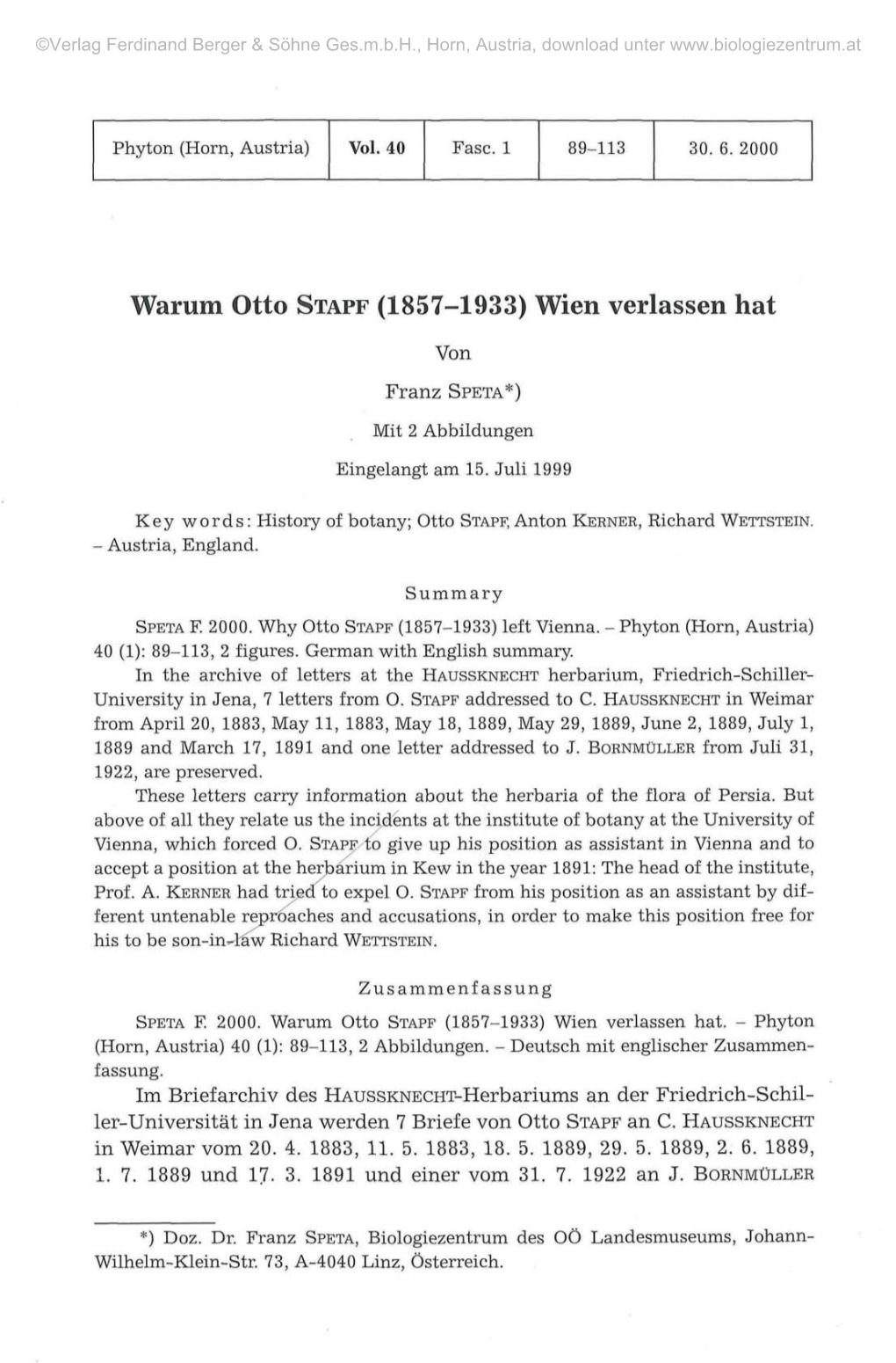 Warum Otto STAPF (1857-1933) Wien Verlassen Hat Von