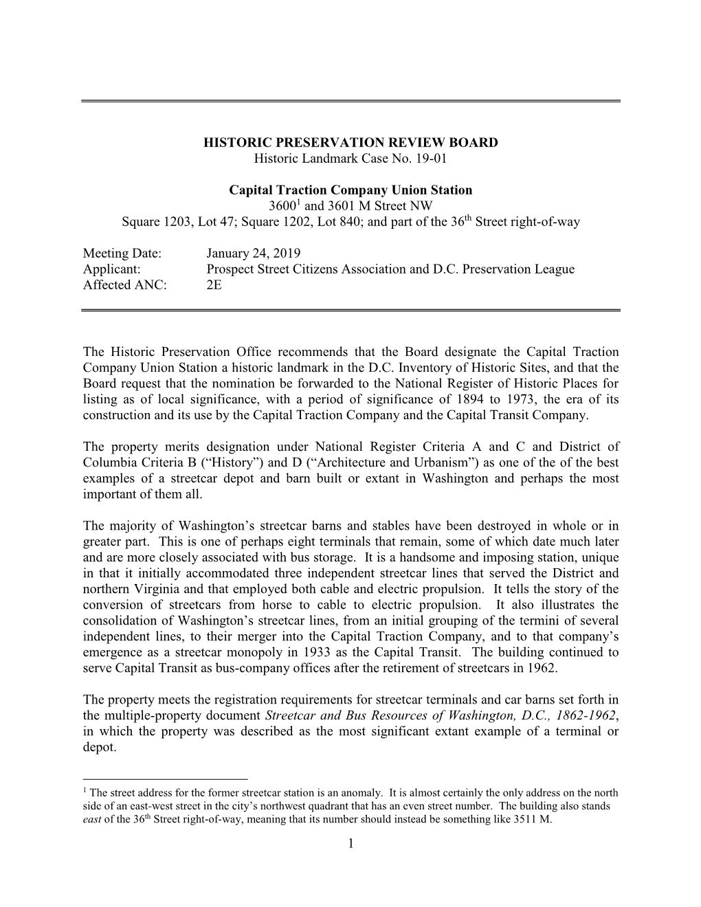 Capital Traction Company Union Station 36001 and 3601 M Street NW Square 1203, Lot 47; Square 1202, Lot 840; and Part of the 36Th Street Right-Of-Way