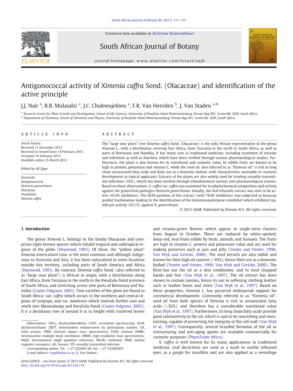Antigonococcal Activity of Ximenia Caffra Sond. (Olacaceae) and Identiﬁcation of the Active Principle
