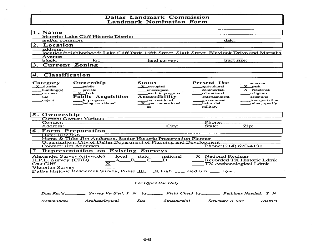 Dallas Landmark Commission Landmark Nomination Form