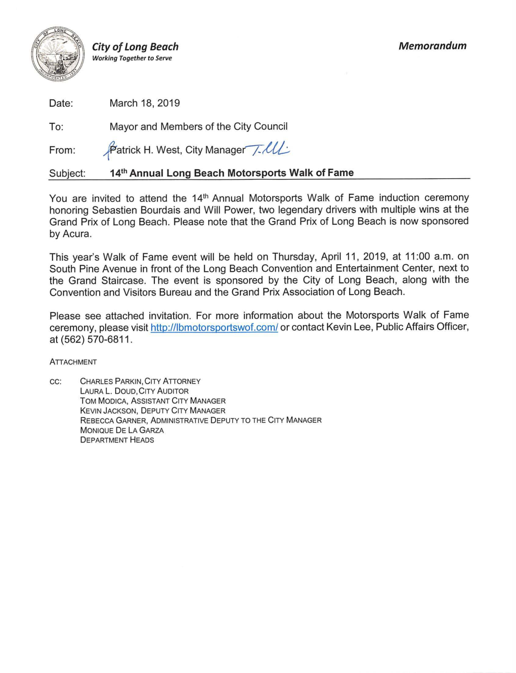 City of Long Beach Memorandum Working Together to Serve