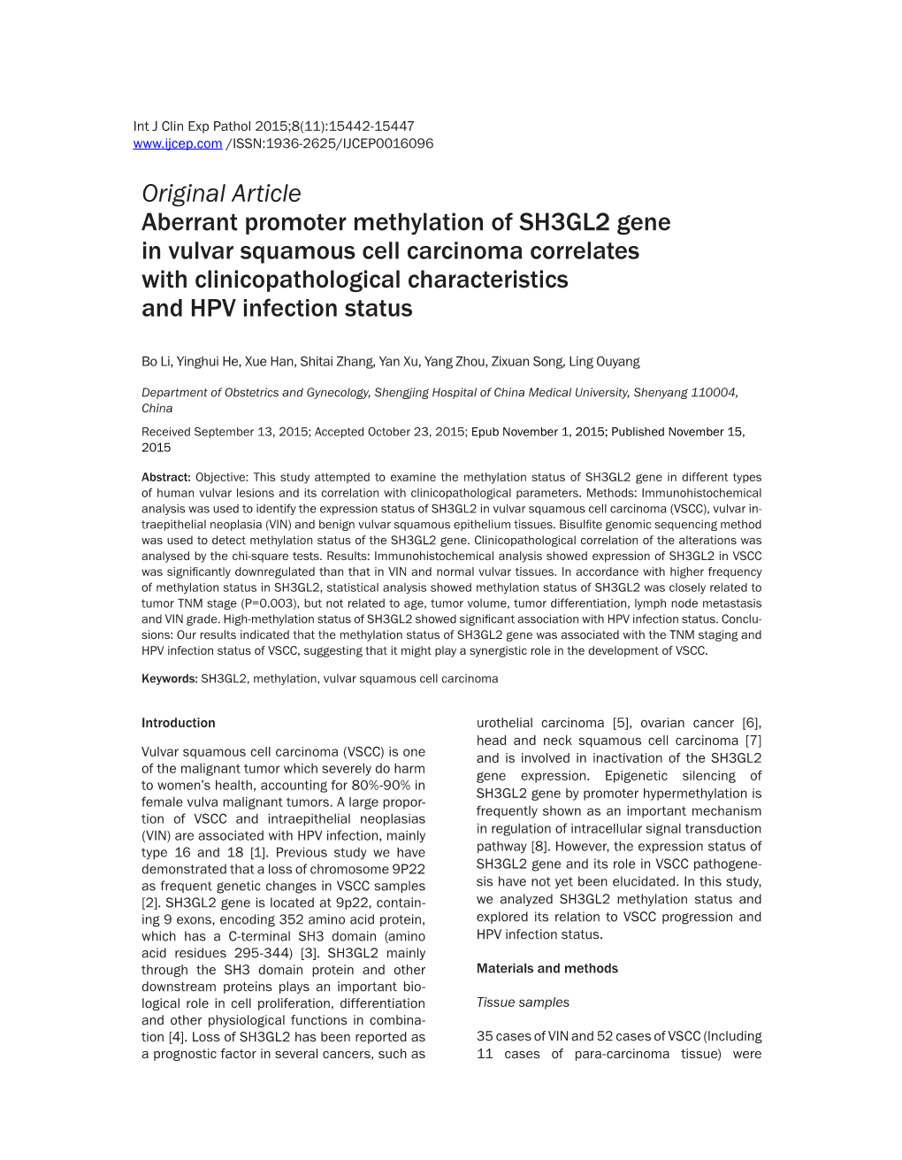 Original Article Aberrant Promoter Methylation of SH3GL2 Gene In