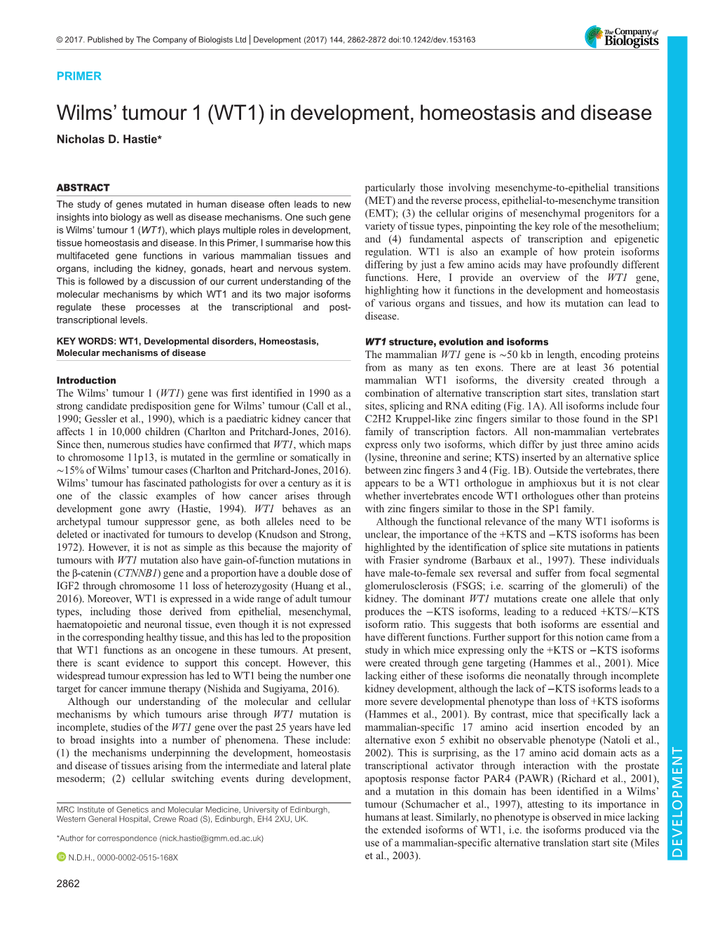 Wilms' Tumour 1 (WT1) in Development, Homeostasis and Disease