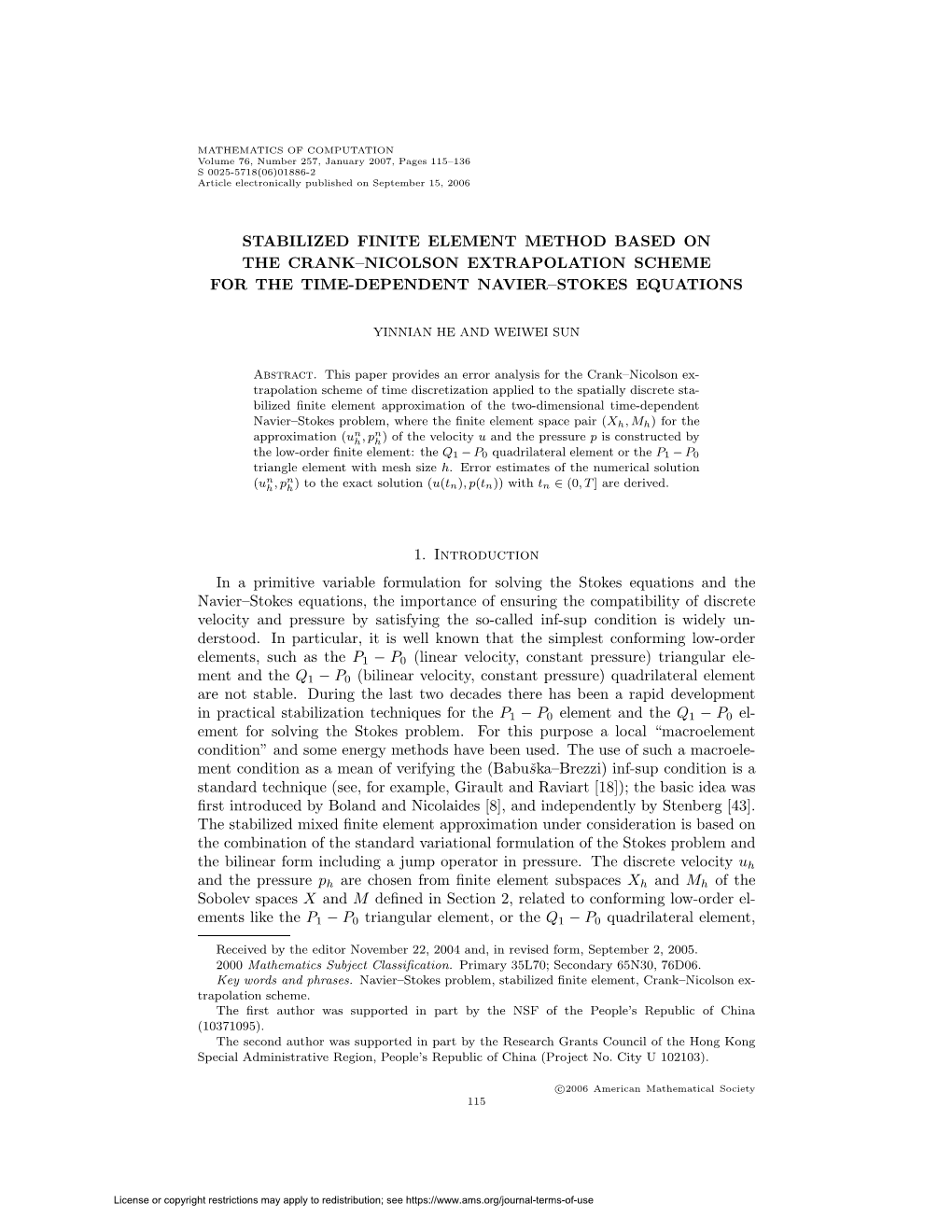 Stabilized Finite Element Method Based on the Crank–Nicolson Extrapolation Scheme for the Time-Dependent Navier–Stokes Equations