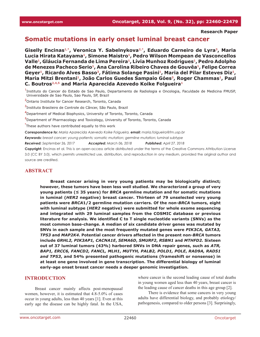 Somatic Mutations in Early Onset Luminal Breast Cancer