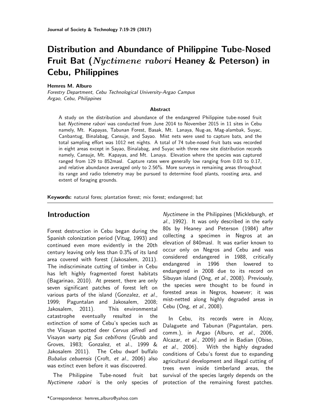 Distribution and Abundance of Philippine Tube-Nosed Fruit Bat (Nyctimene Rabori Heaney & Peterson) in Cebu, Philippines