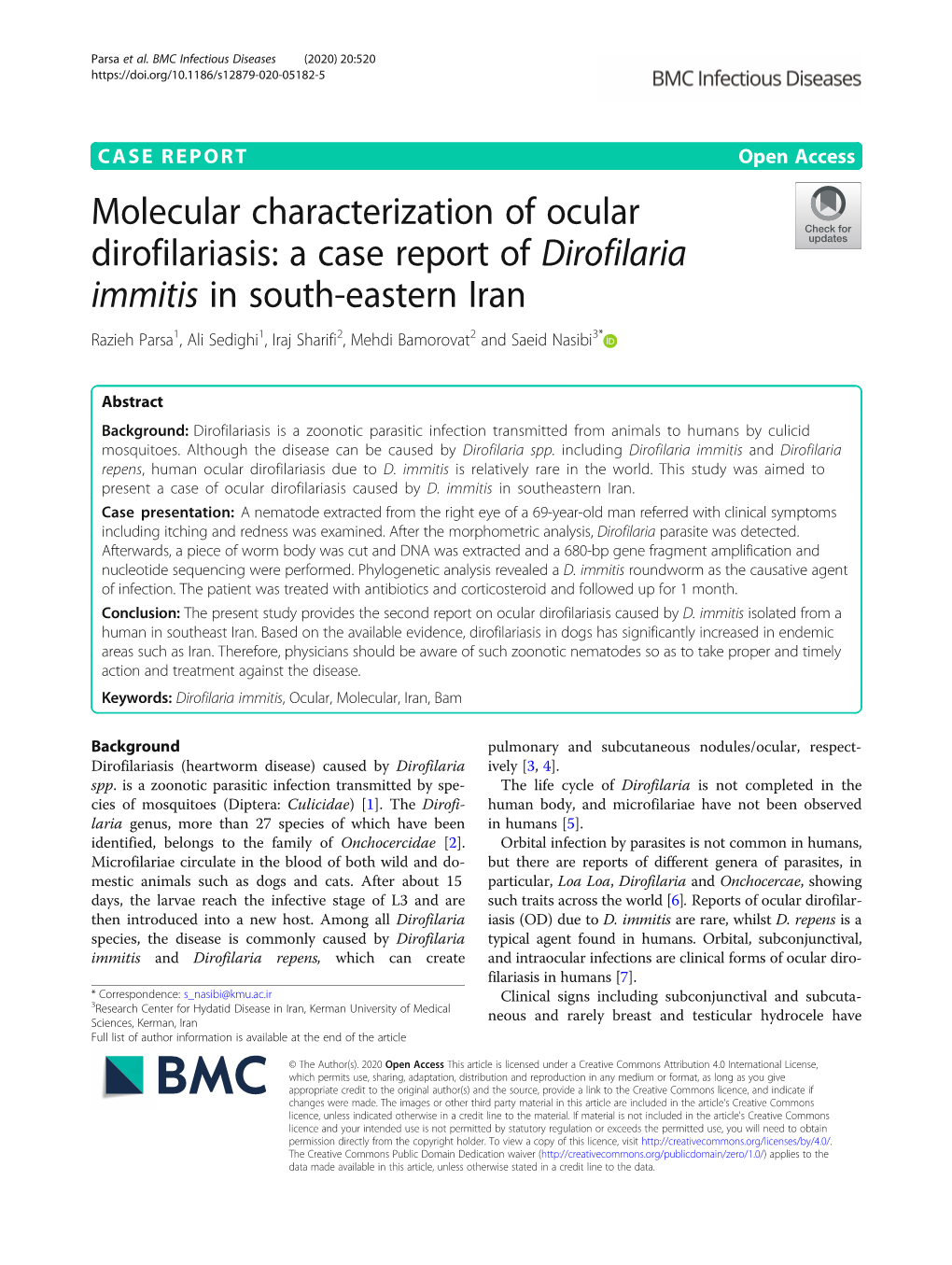 Molecular Characterization of Ocular Dirofilariasis: a Case Report of Dirofilaria Immitis in South-Eastern Iran