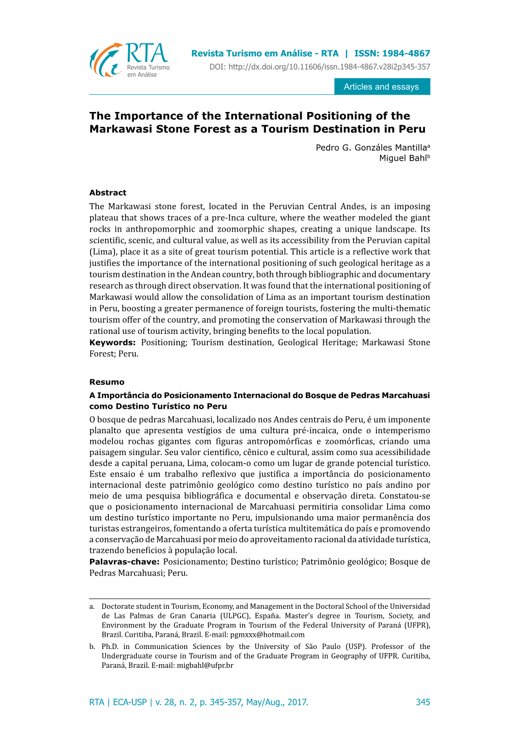 The Importance of the International Positioning of the Markawasi Stone Forest As a Tourism Destination in Peru