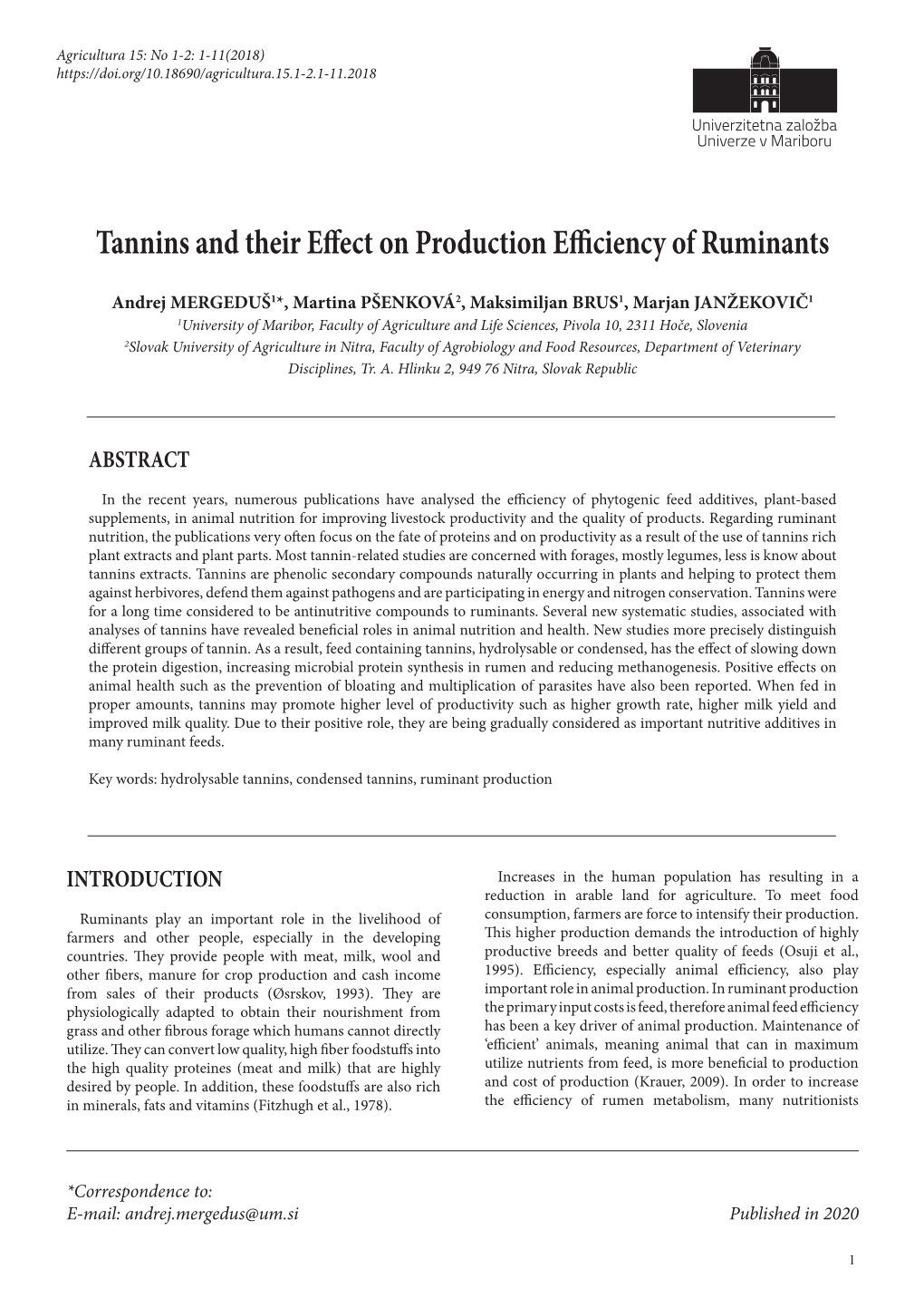 Tannins and Their Effect on Production Efficiency of Ruminants