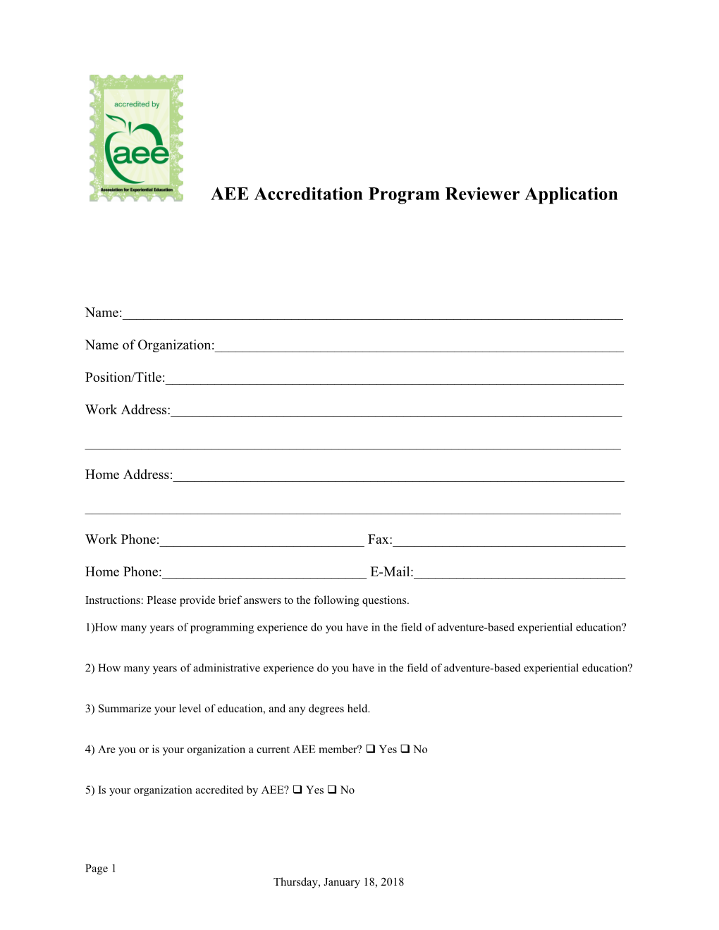 AEE Accreditation Program Reviewer Application