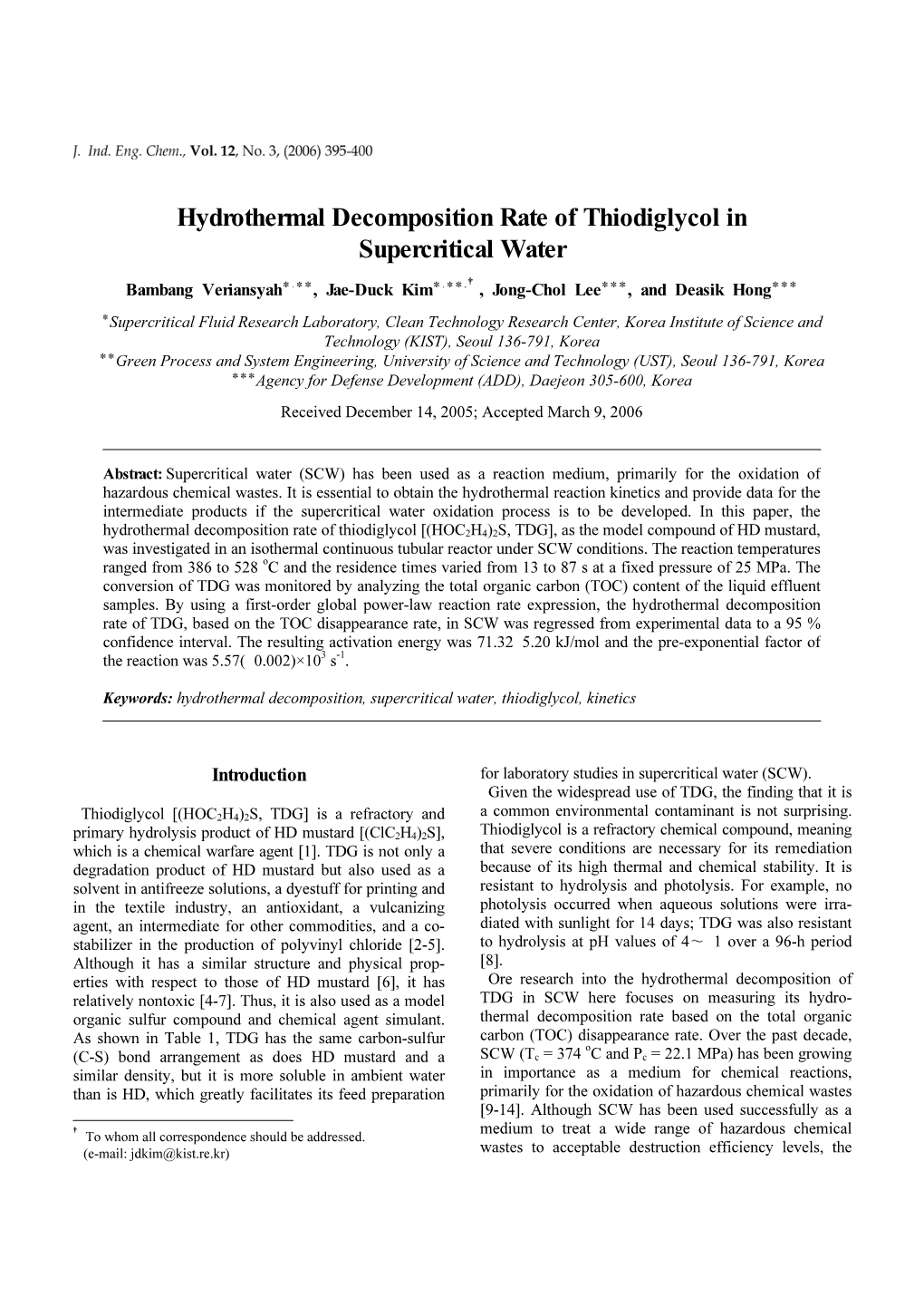 Hydrothermal Decomposition Rate of Thiodiglycol in Supercritical Water