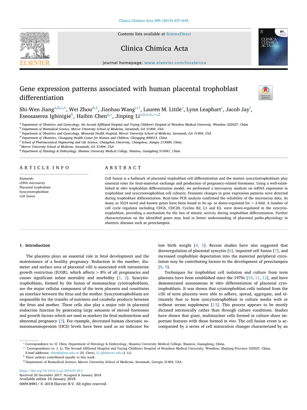 Gene Expression Patterns Associated with Human Placental Trophoblast Diﬀerentiation T