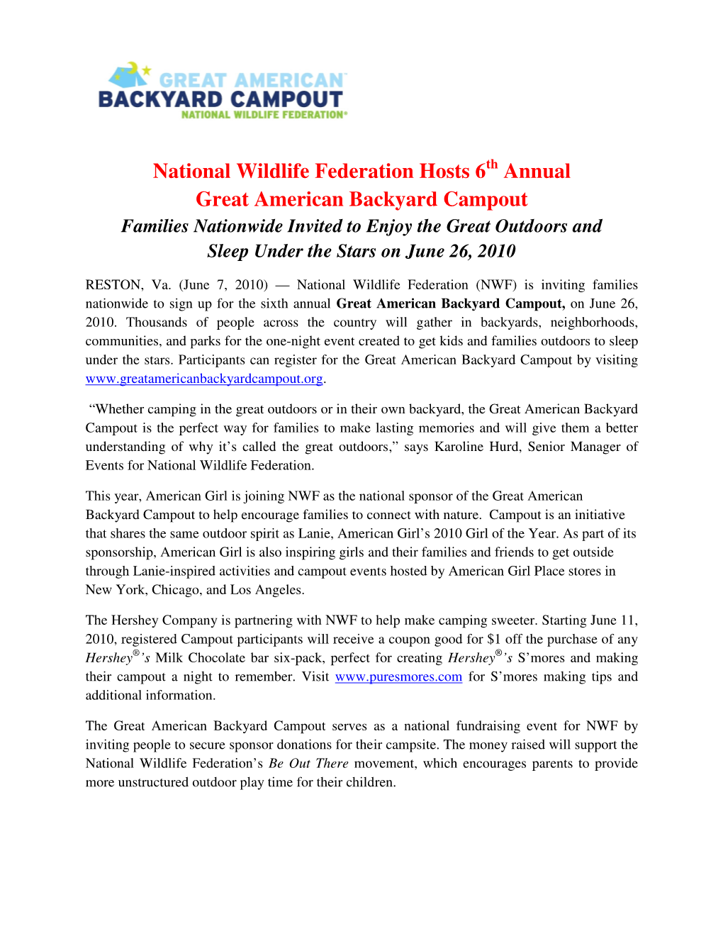 National Wildlife Federation Hosts 6 Annual Great American Backyard Campout
