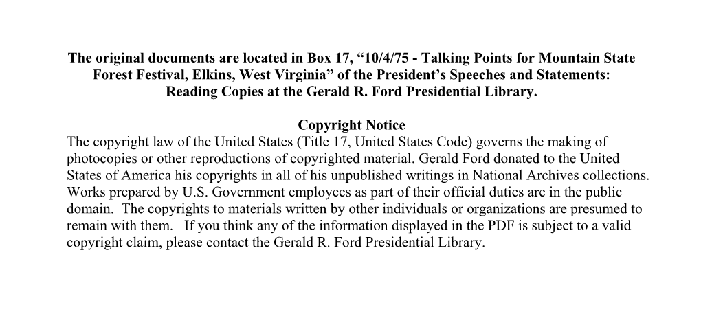 Talking Points for Mountain State Forest Festival, Elkins, West Virginia” of the President’S Speeches and Statements: Reading Copies at the Gerald R