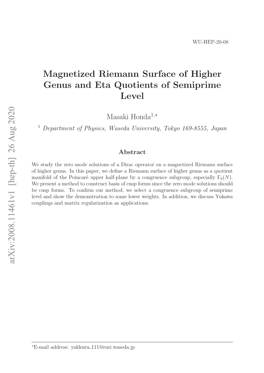 Magnetized Riemann Surface of Higher Genus and Eta Quotients Of