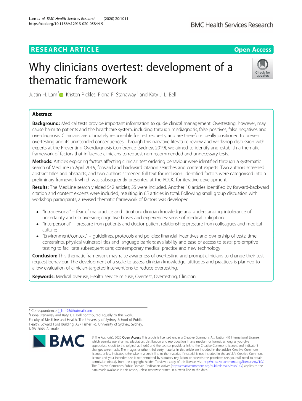 Why Clinicians Overtest: Development of a Thematic Framework Justin H