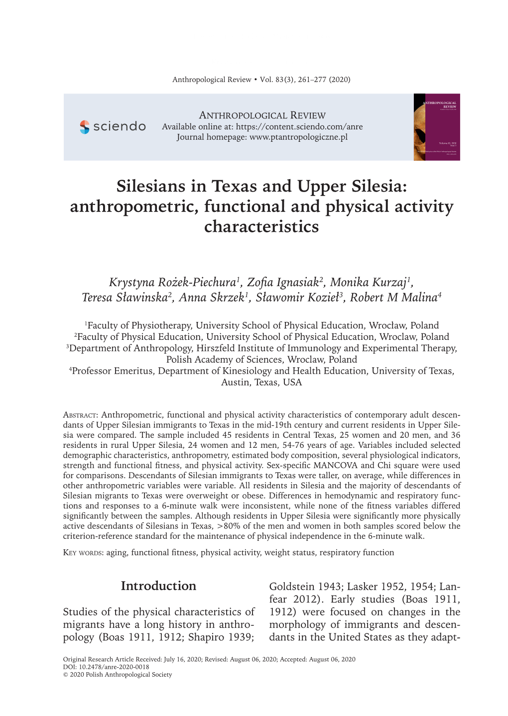 Silesians in Texas and Upper Silesia: Anthropometric, Functional and Physical Activity Characteristics