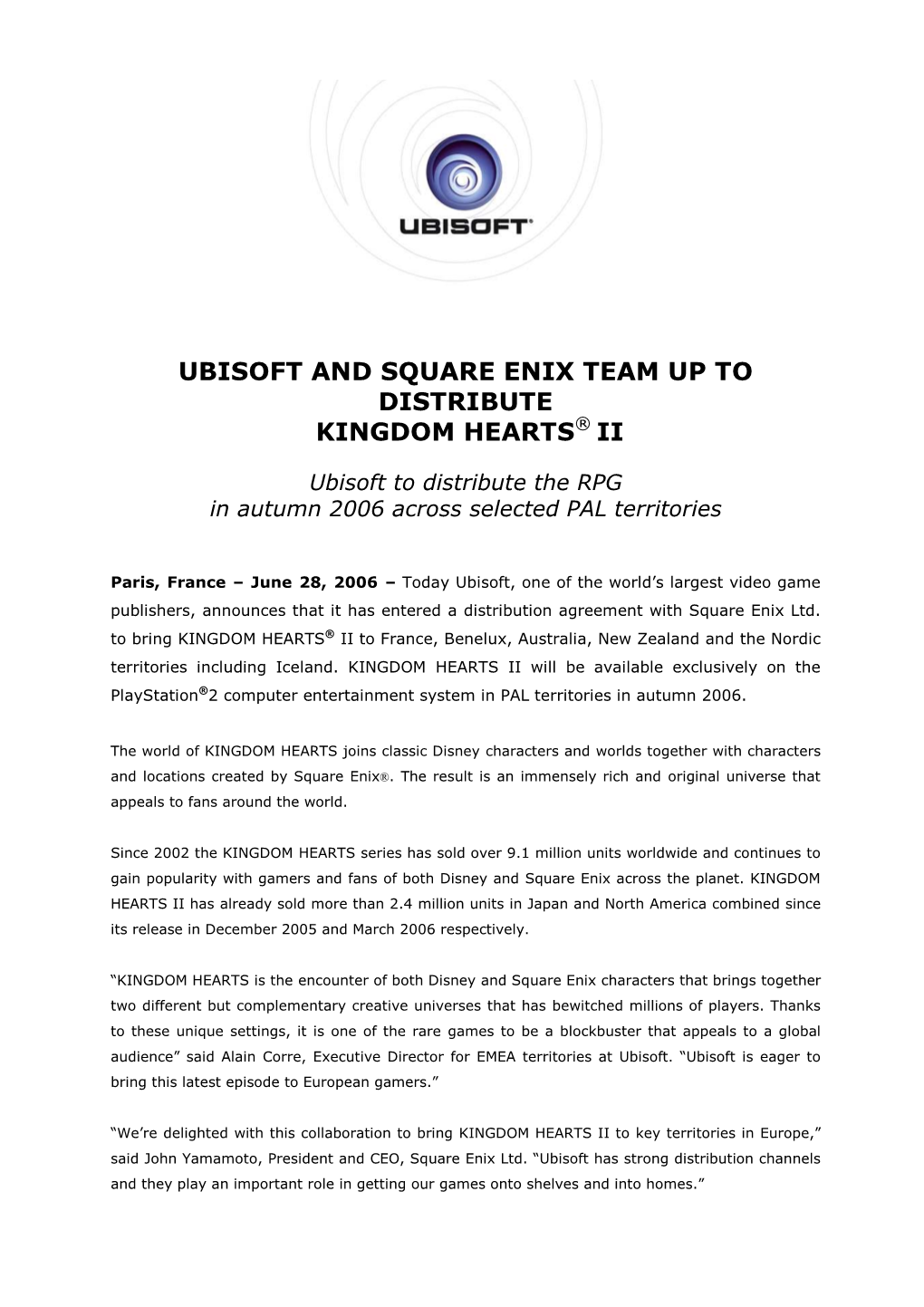 Ubisoft and Square Enix Team up to Distribute Kingdom Hearts ® Ii