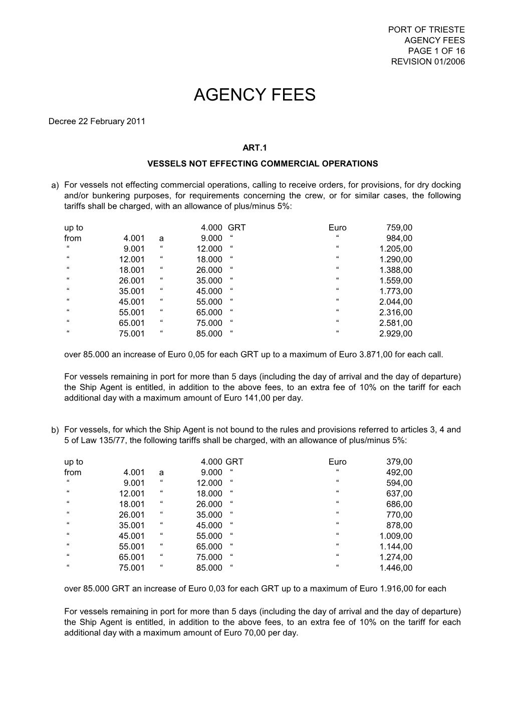 Agency Fees Page 1 of 16 Revision 01/2006