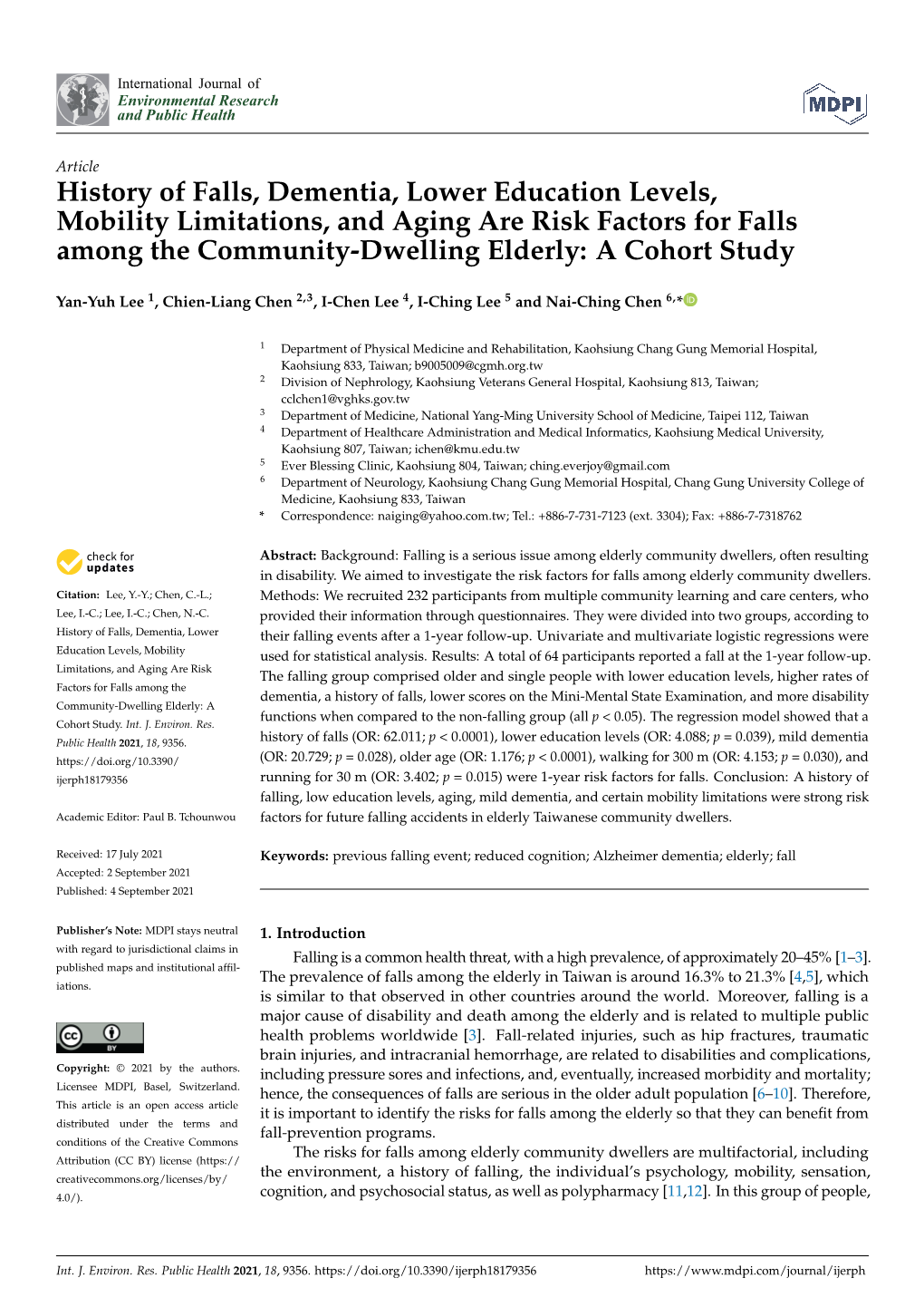 History of Falls, Dementia, Lower Education Levels, Mobility Limitations, and Aging Are Risk Factors for Falls Among the Community-Dwelling Elderly: a Cohort Study