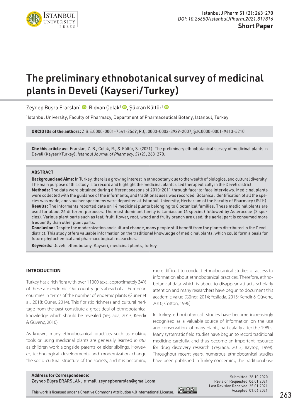 The Preliminary Ethnobotanical Survey of Medicinal Plants in Develi (Kayseri/Turkey)
