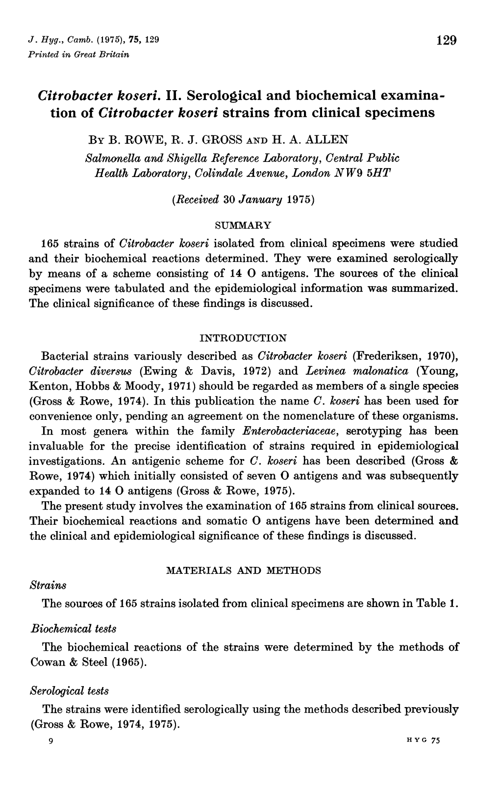 Citrobacter Koseri. II. Serological and Biochemical Examina- Tion of Citrobacter Koseri Strains from Clinical Specimens by B