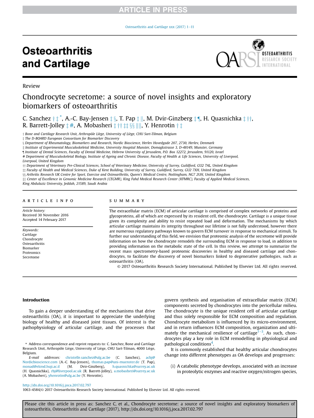 Chondrocyte Secretome: a Source of Novel Insights and Exploratory Biomarkers of Osteoarthritis