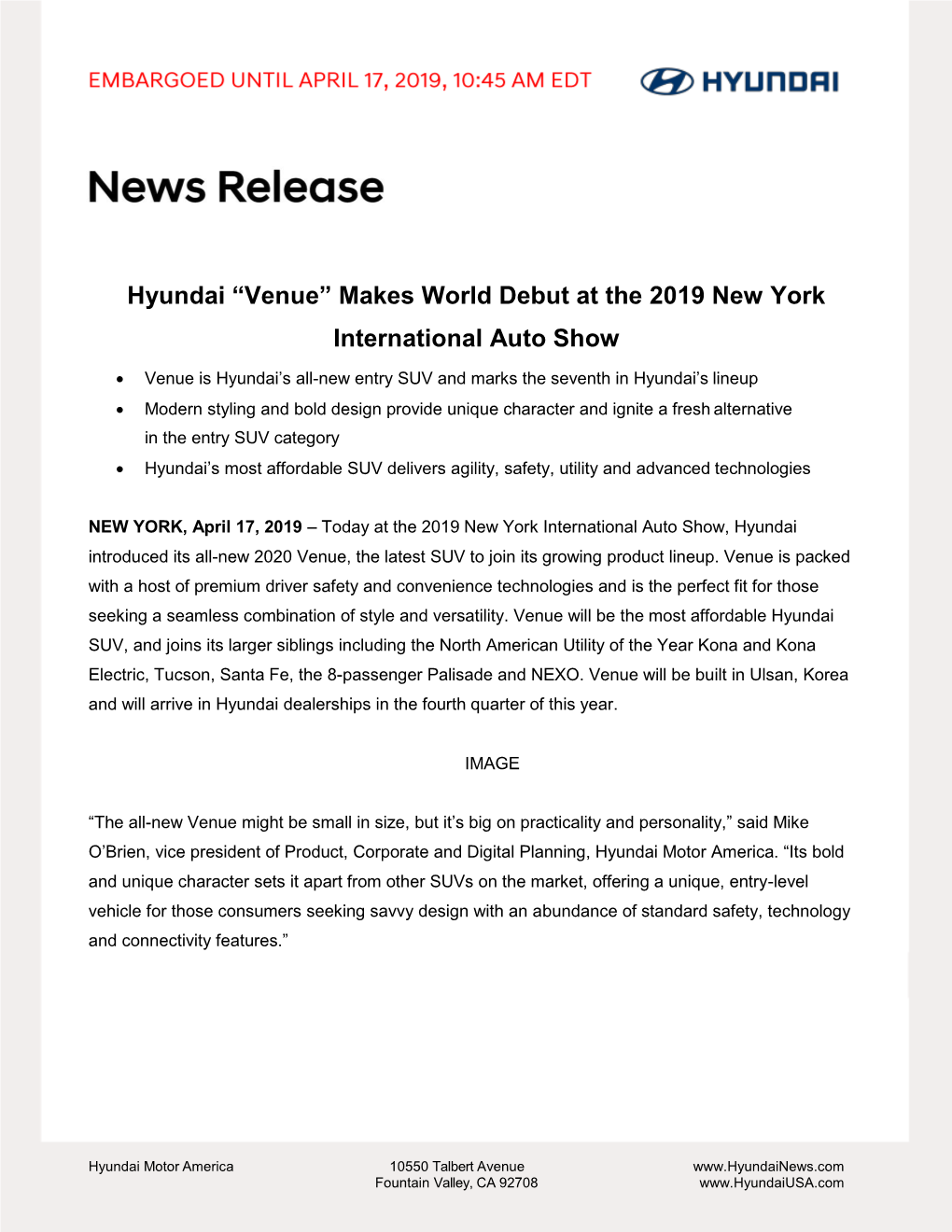 Hyundai “Venue” Makes World Debut at the 2019 New York International Auto Show