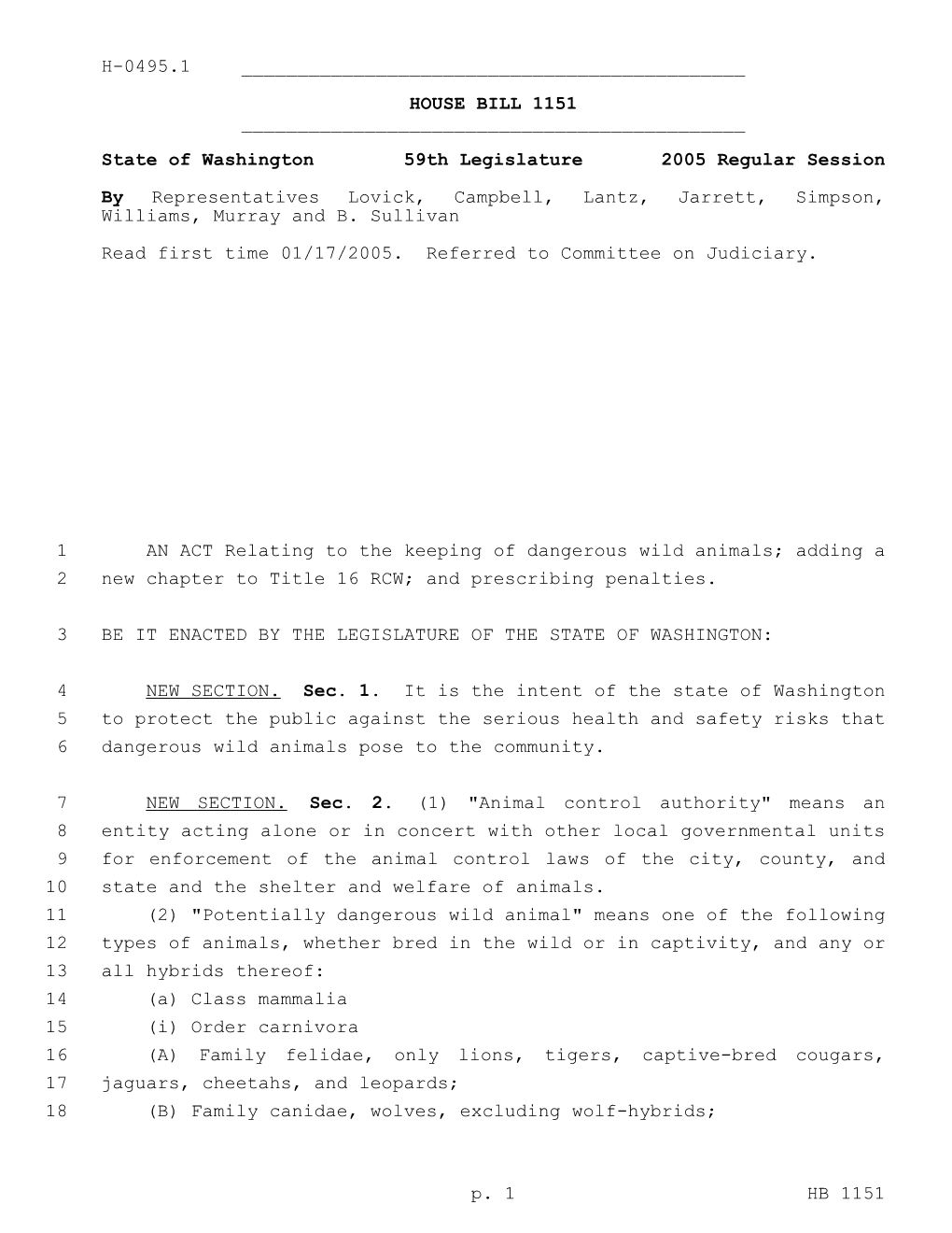 HOUSE BILL 1151 ______State of Washington 59Th Legislature 2005 Regular Session by Representatives Lovick, Campbell, Lantz, Jarrett, Simpson, Williams, Murray and B