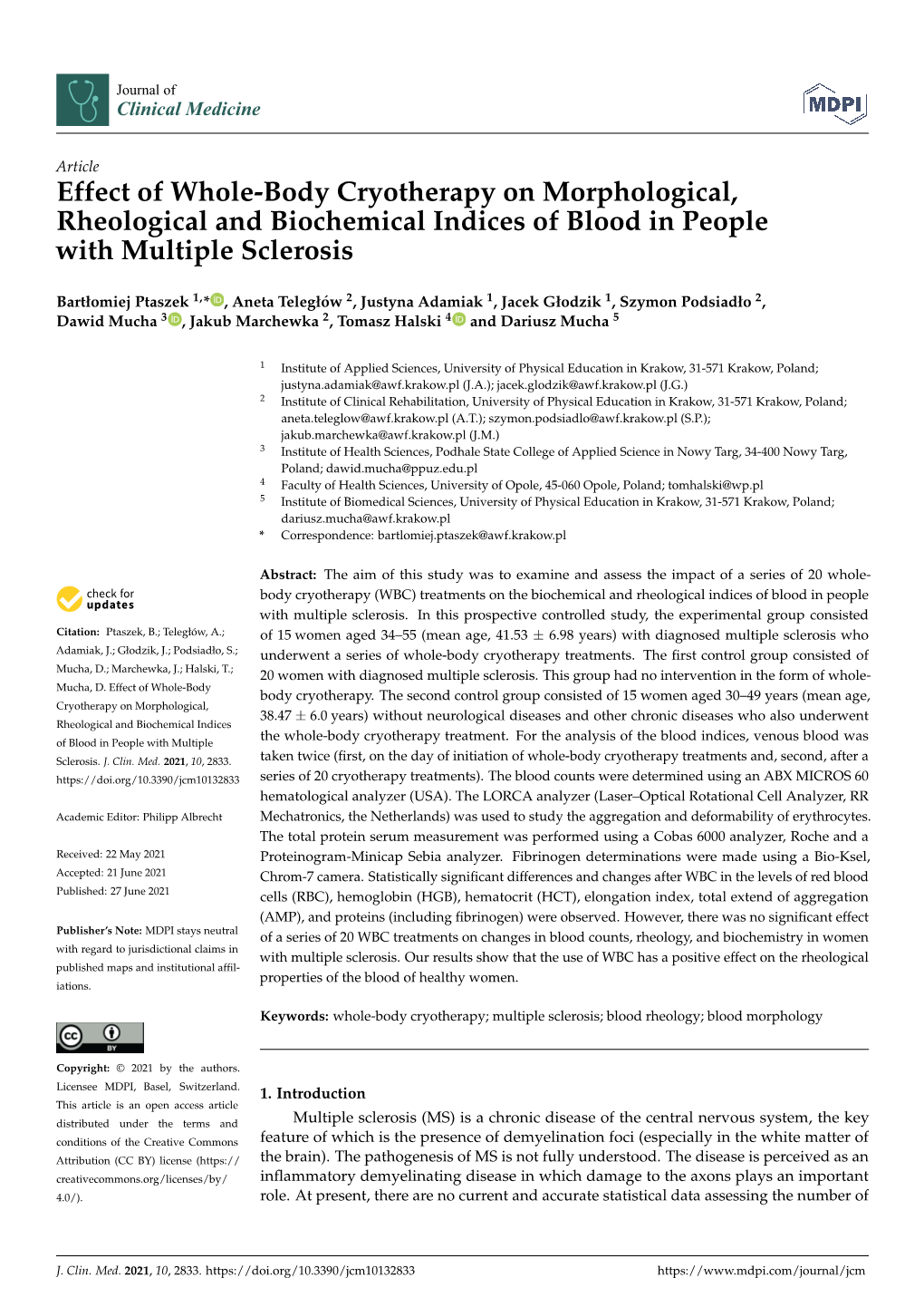 Effect of Whole-Body Cryotherapy on Morphological, Rheological and Biochemical Indices of Blood in People with Multiple Sclerosis