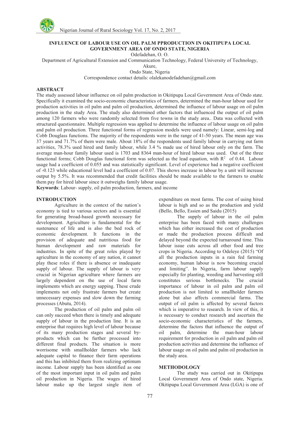 Influence of Labour Use in Oil Palm Production in Okitipupa Local