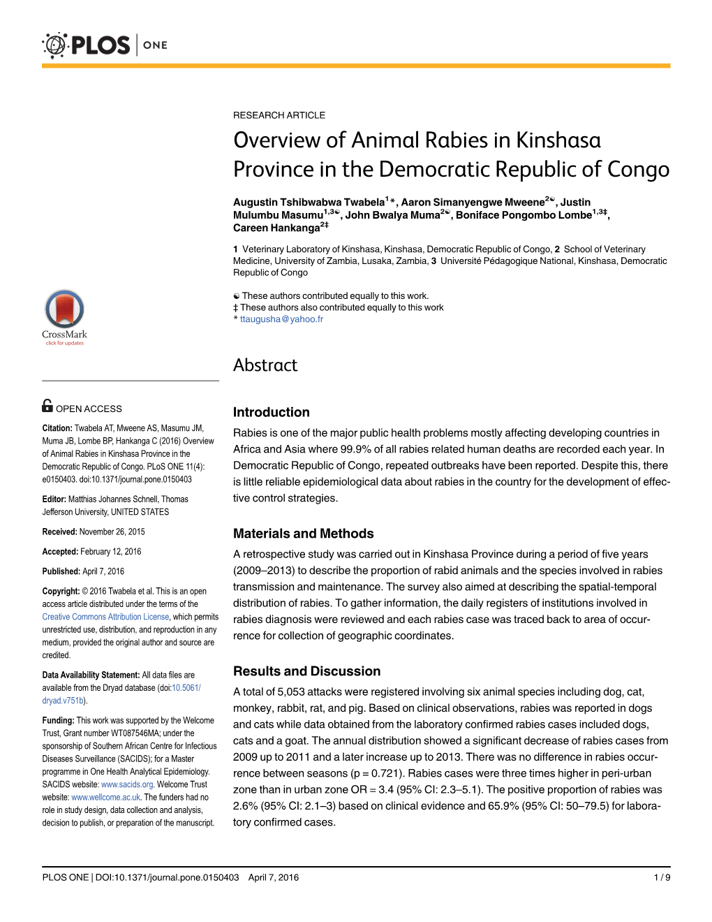 Overview of Animal Rabies in Kinshasa Province in the Democratic Republic of Congo