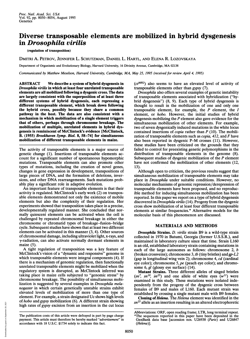 Diverse Transposable Elements Are Mobilized in Hybrid Dysgenesis in Drosophila Virilis (Regulation of Transposition) DMITRI A