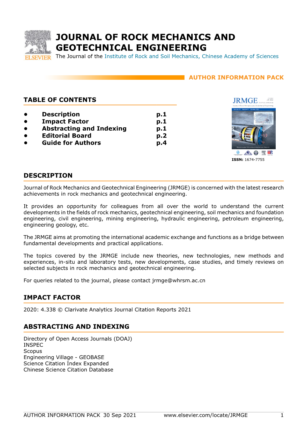 JOURNAL of ROCK MECHANICS and GEOTECHNICAL ENGINEERING the Journal of the Institute of Rock and Soil Mechanics, Chinese Academy of Sciences