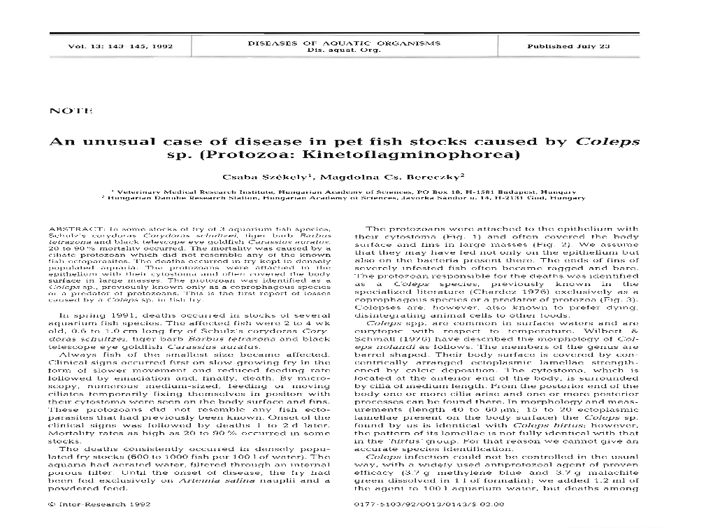 An Unusual Case of Disease in Pet Fish Stocks Caused by Coleps Sp. (Protozoa: Kinetoflagminophorea)