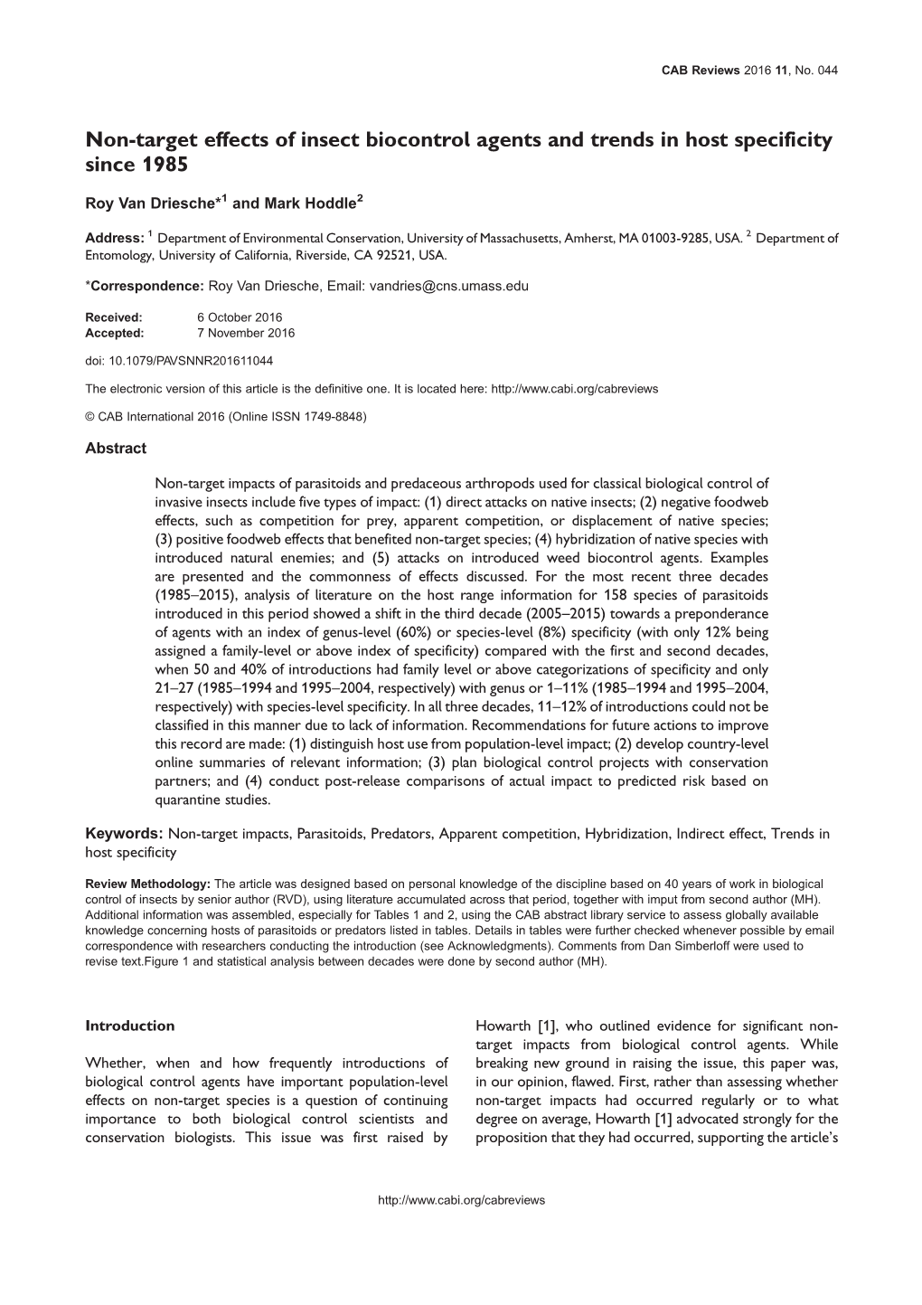 Non-Target Effects of Insect Biocontrol Agents and Trends in Host Specificity Since 1985