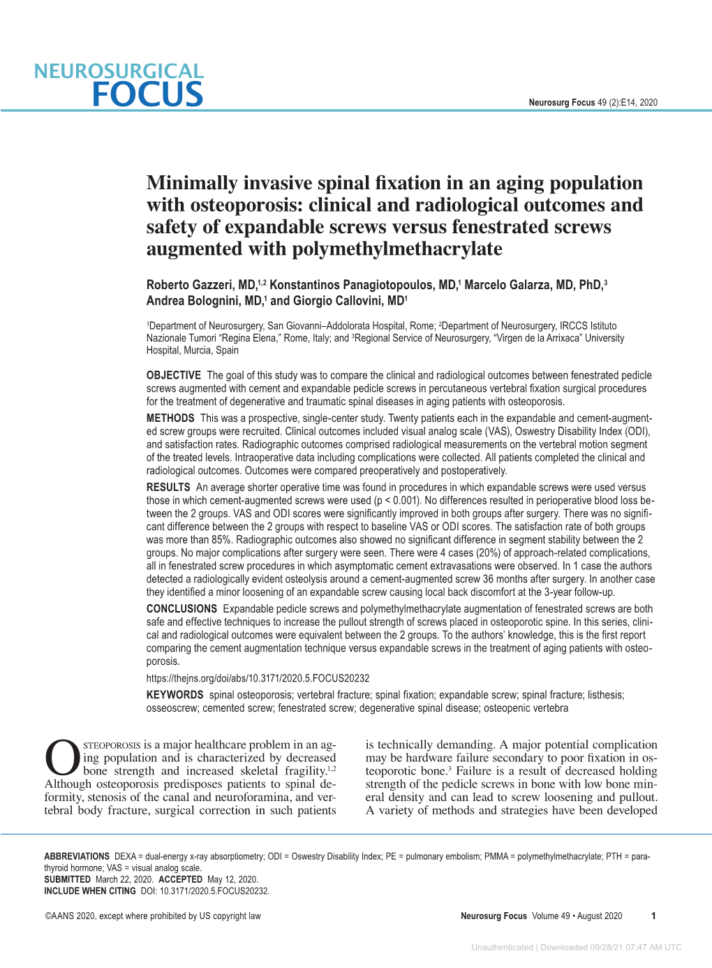 Minimally Invasive Spinal Fixation in an Aging Population with Osteoporosis