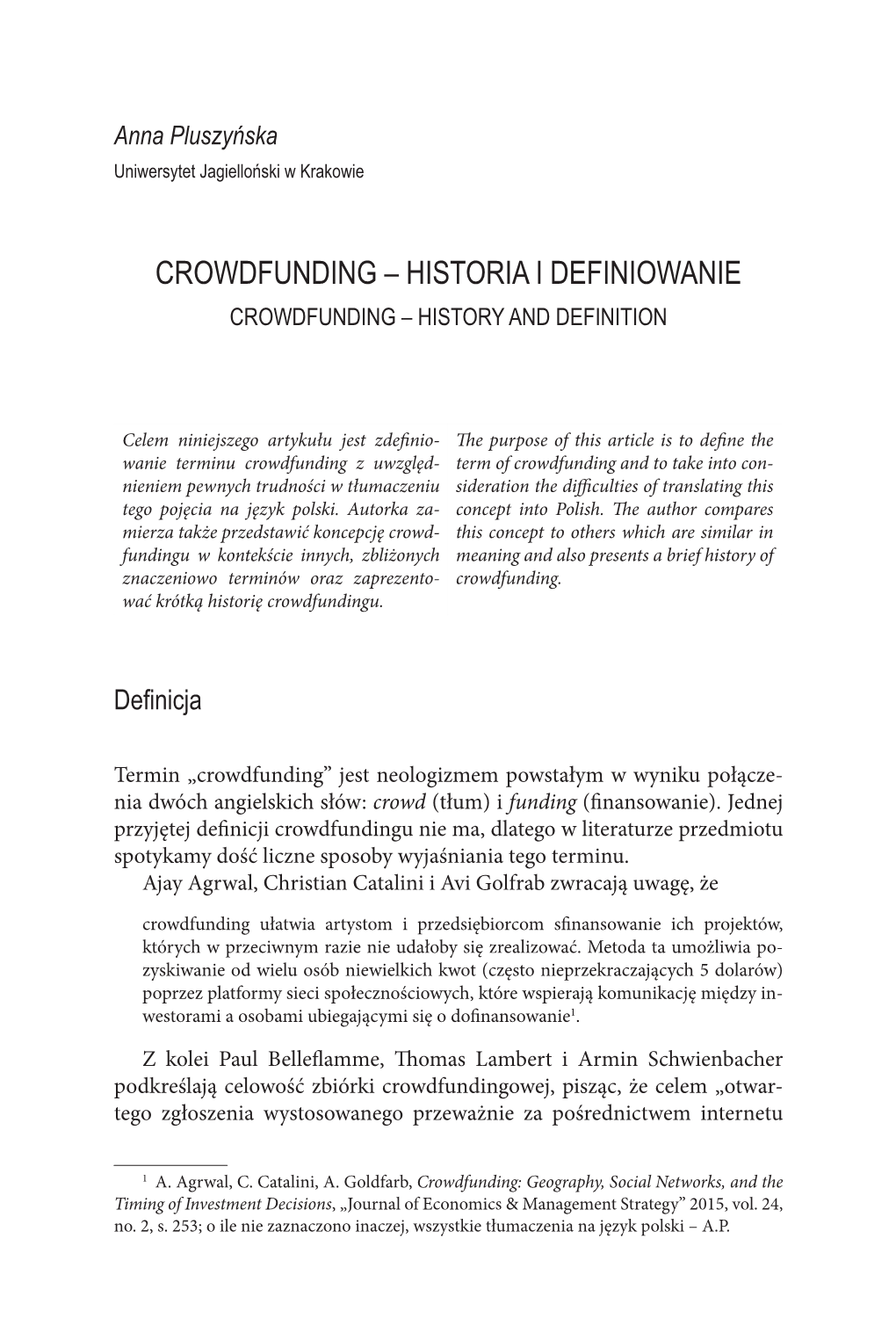 Crowdfunding – Historia I Definiowanie Crowdfunding – History and Definition