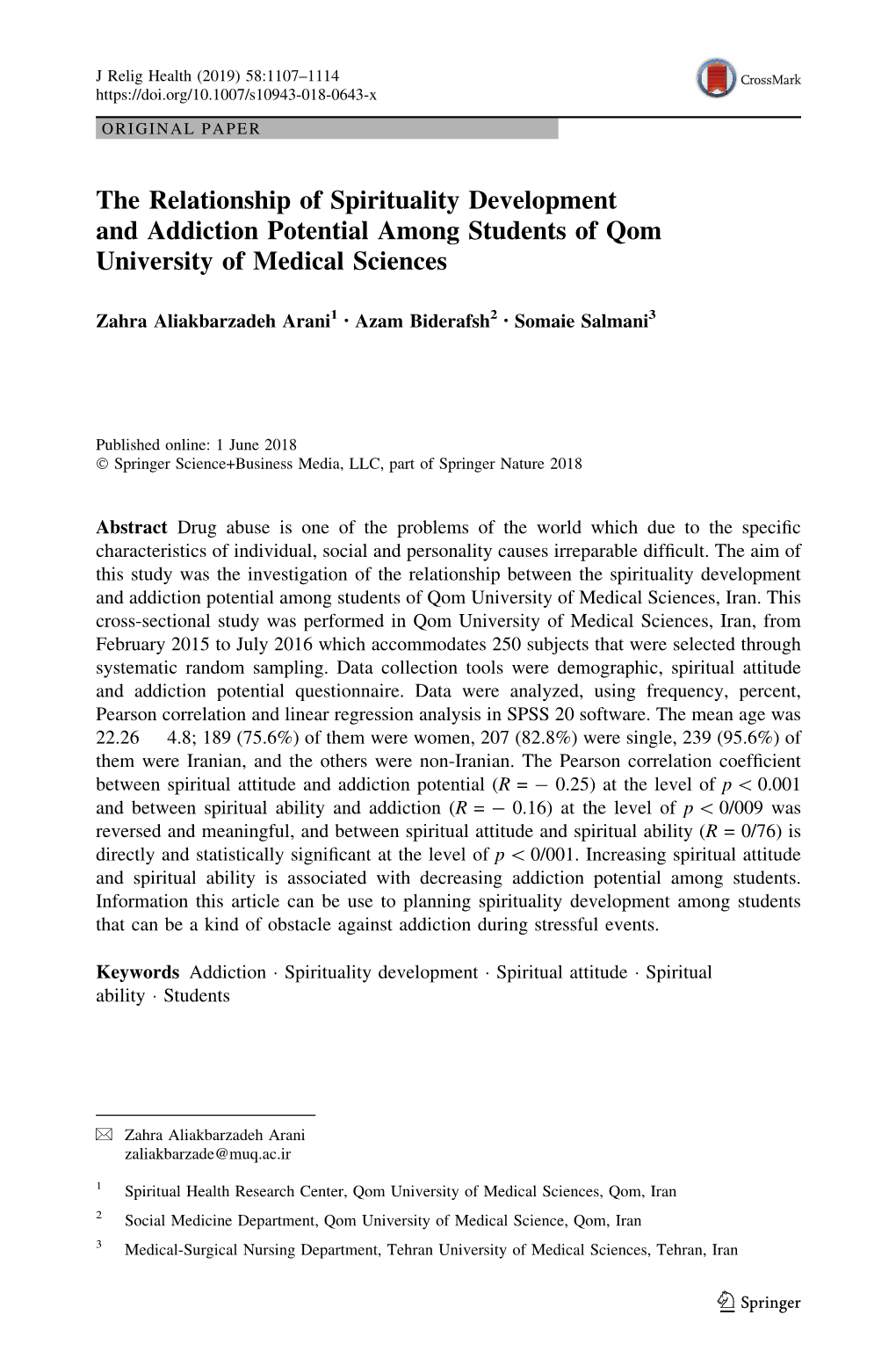 The Relationship of Spirituality Development and Addiction Potential Among Students of Qom University of Medical Sciences