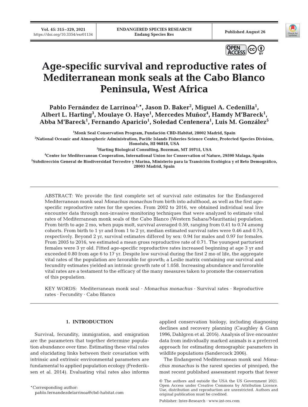 Age-Specific Survival and Reproductive Rates of Mediterranean Monk Seals at the Cabo Blanco Peninsula, West Africa