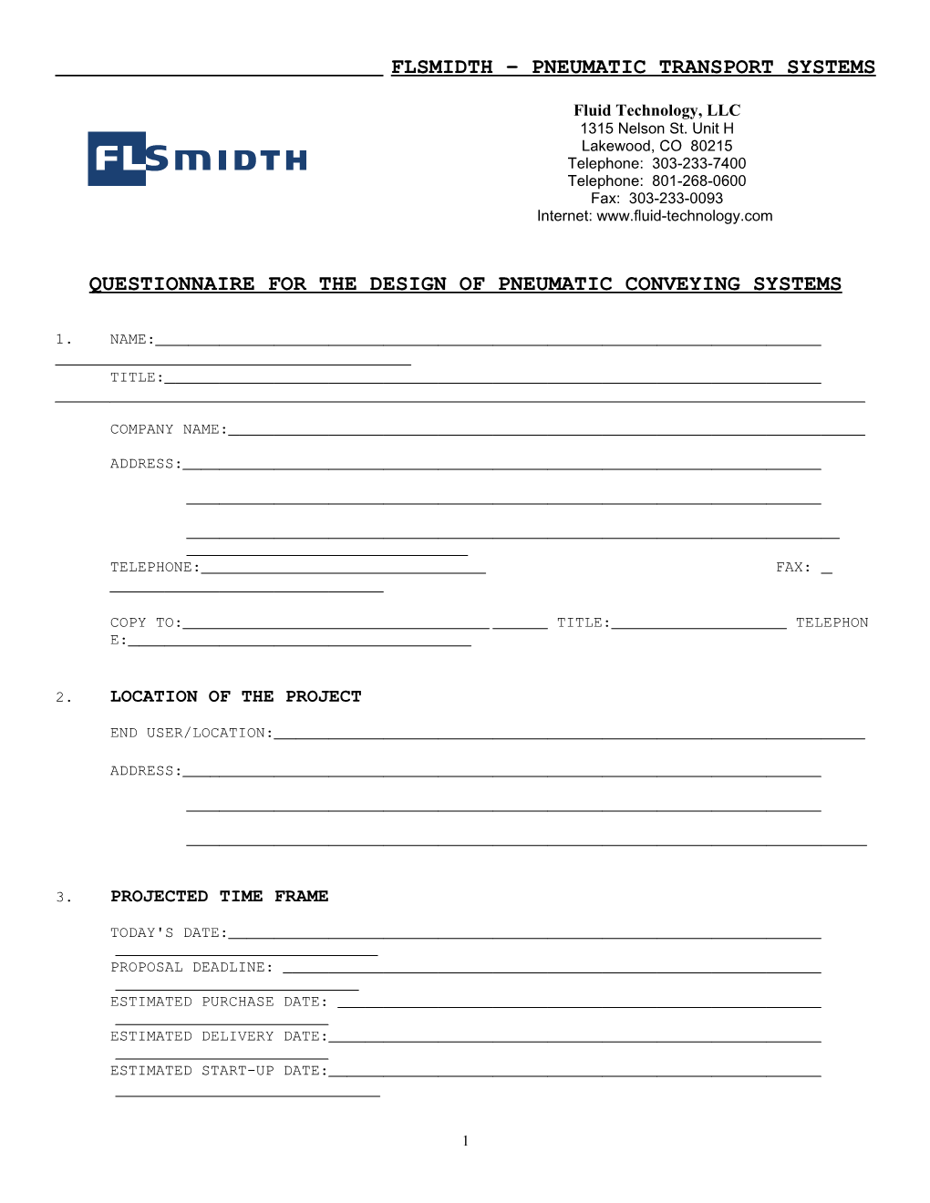 Questionnaire for the Design of Pneumatic Conveying Systems